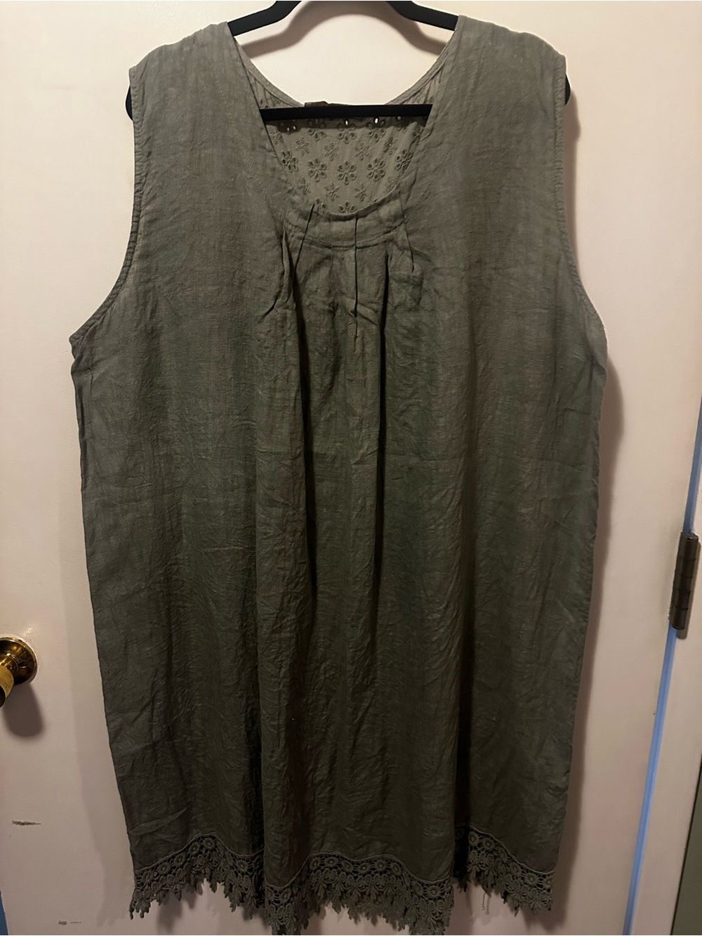 Balambria Made In Italy 3X Sage Green 100% Linen Dress Eyelet Yoke Crochet Hem